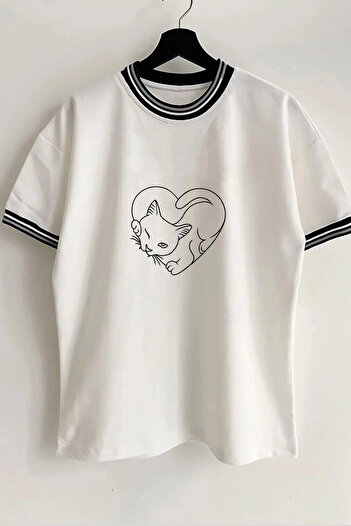 Vordevia Λευκό μπλουζάκι Unisex Oversize με γιακά και λεπτομέρεια μανίκι με στάμπα Cat