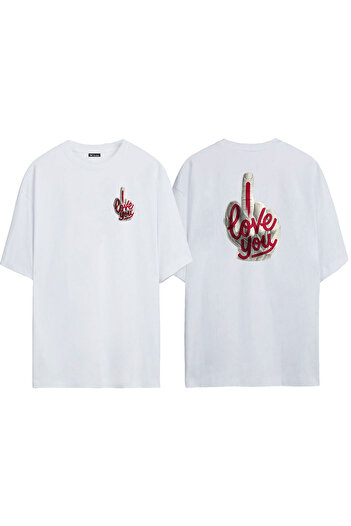 THEWERT Unisex I Love You Μπροστά πίσω με στάμπα λευκό μπλουζάκι Oversize