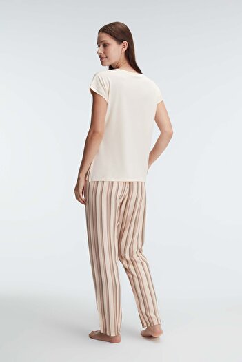 Anıl 9935 Short Sleeve Crew Neck Women's Viscose Striped Patterned Summer Woven Regular Waist Pajamas Set