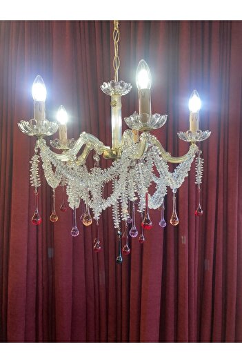 NASİT AVİZE Damla taşlarla süslenmiş, 5 lambalı Maria Theresa model avize