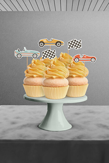 Hey Parti Retro Car Themed 12-Piece Cupcake Ornament (Car Birthday Concept - Birthday Ornament)