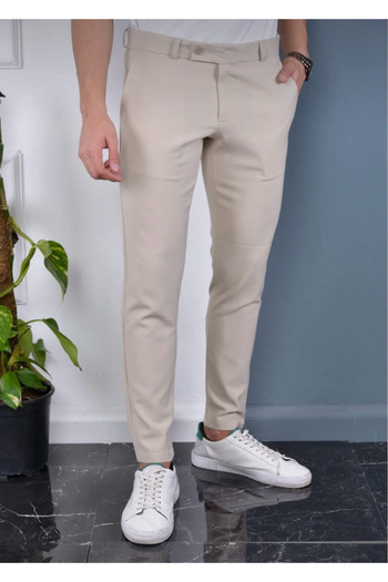 çerme Men's Cream Color Italian Cut Quality Flexible Lycra Ankle Length Fabric Trousers