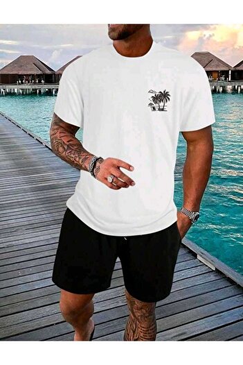 WOODROFFE Men's Minimal Palm Printed Street Style Shorts T-shirt Set Oversize Casual