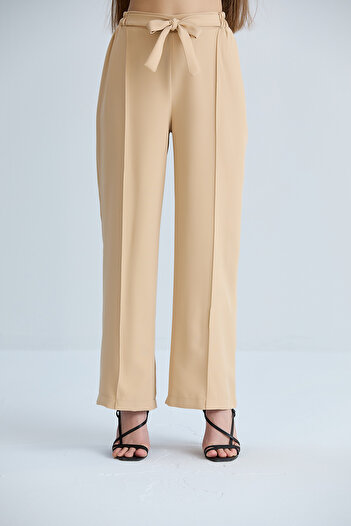 Space Fashion Women's Cream Lace-up Front Elastic Waist Fabric Trousers