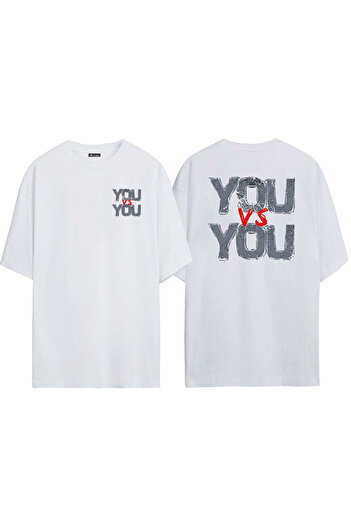 THEWERT Unisex You Vs You Μπροστά πίσω με στάμπα λευκό μπλουζάκι Oversize