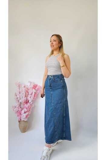 MADAME MELEK Women's Blue Color A Type Cut Denim Skirt