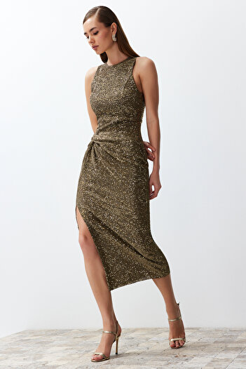Trendyol Collection Gold Body-Hugging Knitted Glitter Sequin Knitted Sequin Stylish Long Evening Dress Tprss24El00030