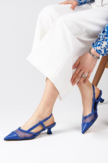 Mio Gusto Diane Saks Blue Color Mesh Detailed Open Back Short Heeled Women's Shoes