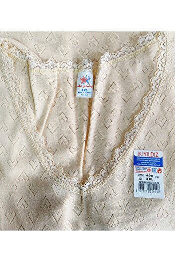 İki Yıldız Nude Colored Transfered Ribbed Heart Thick Strap Thermal Undershirt