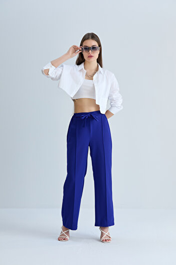 Space Fashion Women's Saks Blue Lace-up Front Elastic Waist Fabric Trousers