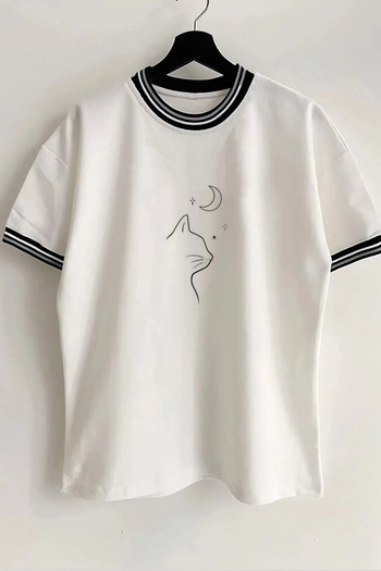 Vordevia Λευκό μπλουζάκι Unisex Oversize με γιακά και λεπτομέρεια μανίκι με στάμπα Cat