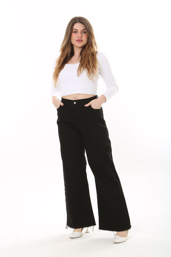 Şans Women's Large Size Black Wide Leg Lycra Jeans with Filthy Stitching 65N37650