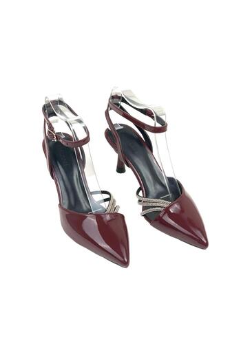 bescobel Women's Uyhan Claret Red Pointed Toe 3 Stripes Stone Detailed Evening Dress Shoes 7.5 cm 702