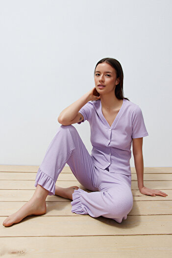 Trendyol Collection Lilac Frill Detailed Corded Knitted Pajamas Set THMSS24PT00209
