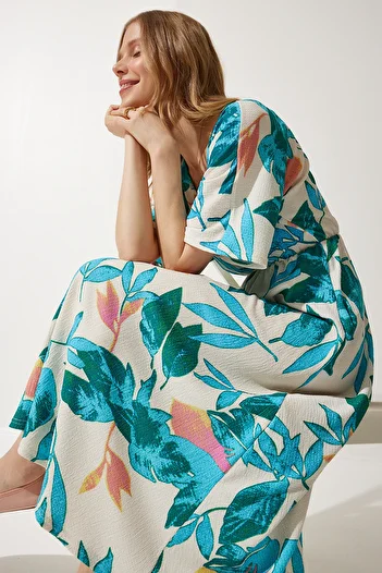 Happiness İstanbul Women's Ecru Turquoise Wraped Collar Patterned Knitted Dress DK00167