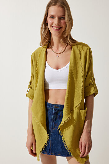 Happiness İstanbul Women's Oil Green Fringe Detailed Asymmetrical Muslin Jacket SA00020