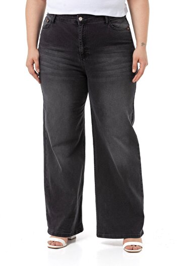 DISENTIS MODEST Plus Size High Waist Wide Leg Anthracite Denim Trousers