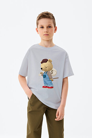 ADABEBEK Fishing Rod Detailed Fisherman Teddy Bear Printed Boy's T-Shirt
