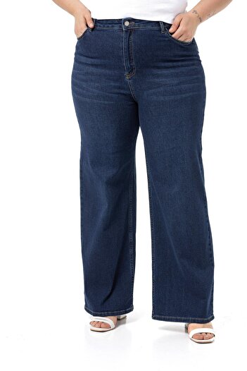 DISENTIS MODEST Large Size High Waist Wide Leg Navy Blue Denim Trousers