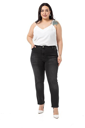 DISENTIS MODEST Large Size High Waist Slim Leg Black Denim Trousers
