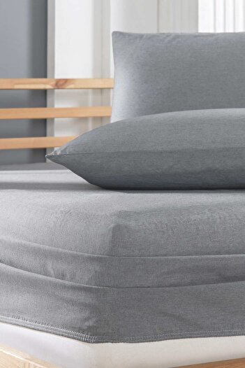 MELONIE Cotton Ranforce Fabric Elastic Fitted Pillowed Sheet Set (Double) Anthracite