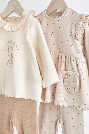 Next Baby % 100 Pamuklu Krem Ayıcık Desenli Uzun Kollu Alt Üst Takım