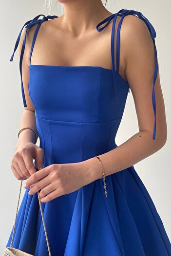 vuvutasarım Saks Blue Princess Cut Evening Dress - Atlas Fabric, Thin Straps and Dart Detail 164