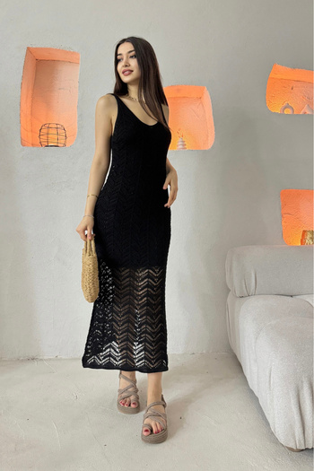 LE CARAMBOLE Women's Black Lined Openwork Knitwear Dress 2445