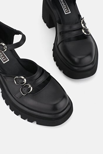 TUNAELLİ WOMEN'S BLACK GENUINE NATURAL LEATHER BUCKLE THICK HEEL SHOES