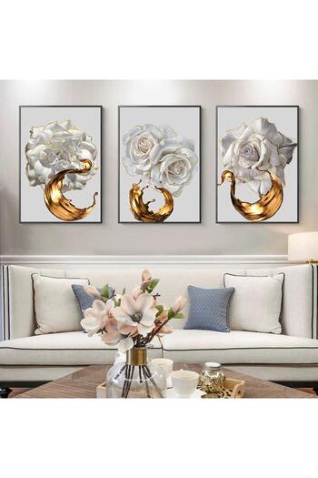 Linacci 3-Piece Black Metal Framed Gold Flower Poster Glass Painting Set