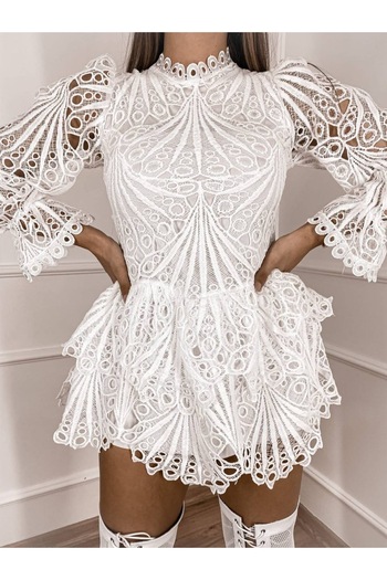 1Moda1Tarz Women's White Stand Collar Special Design Lace & Fluffy Waist Fitted Lined Dress