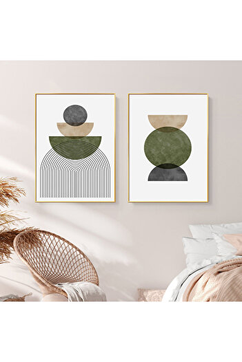 Linacci Set de pictură abstractă din sticlă verde cu cadru dublu din metal auriu