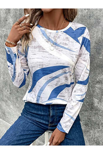 Moka Shopin Graphic Printed Women's Single Jersey Blouse - Long Sleeve, Crew Neck