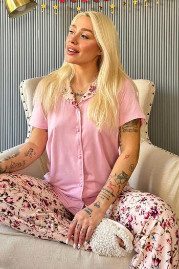 Pijamaevi Light Pink Florado Exclusive Front Buttoned Short Sleeve Women's Pajamas Set