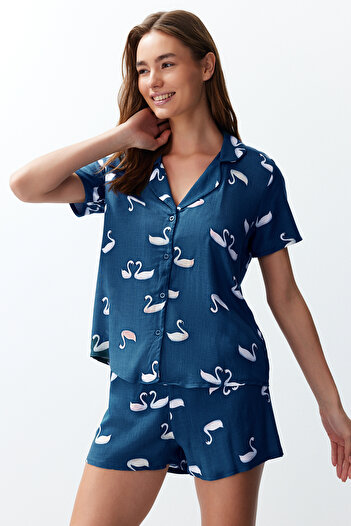 Trendyol Collection Темно-синій піжамний комплект з віскозного плетіння з тваринами THMSS24PT00151