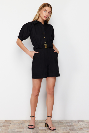 Trendyol Collection Black Belted Shirt Collar Gabardine Mini Woven Jumpsuit TWOSS21TU0238