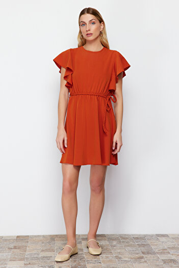 Trendyol Collection Tile Belted Waist Opening Sleeves Flounces Mini Woven Dress TWOSS24EL00489