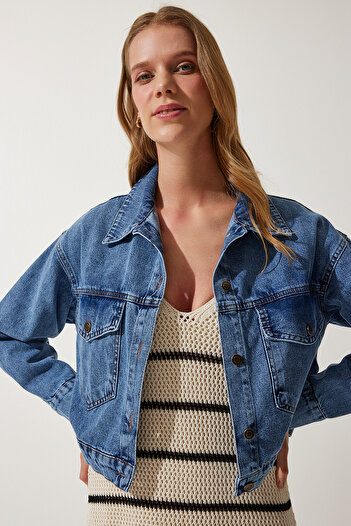 Happiness İstanbul Women's Blue Pocket Jean Jacket DD01300
