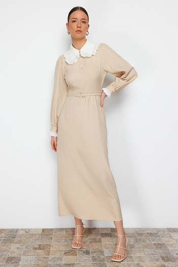 Trendyol Modest Béžové límcové a rukávové tkané šaty s límcem TCTSS24EB00170