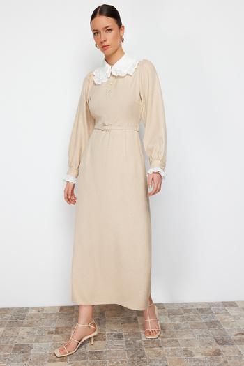 Trendyol Modest Béžové límcové a rukávové tkané šaty s límcem TCTSS24EB00170