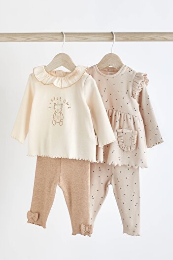 Next Baby % 100 Pamuklu Krem Ayıcık Desenli Uzun Kollu Alt Üst Takım