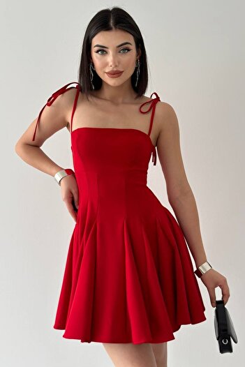 vuvutasarım Red Princess Cut Atlas Evening Dress - Tie Detailed, Thin Straps, Dart 164