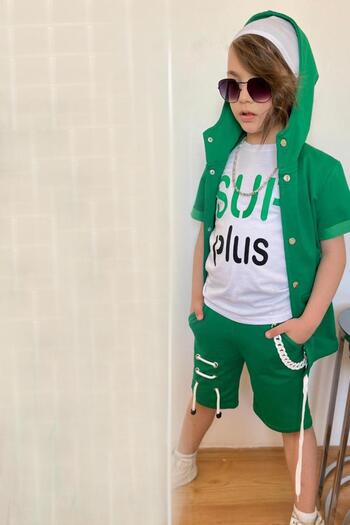 Riccotarz Boy's Sup Plus Text Printed T-Shirt Set with Chain and Rope Detail Green Shorts