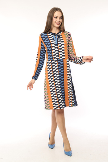 MAMAYAGA Women's Geometric Pattern Collar Tie Viscose Plus Size Curve Sports Stylish Dress