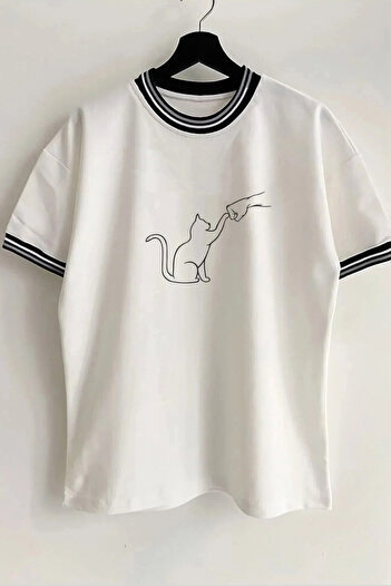 Vordevia Λευκό μπλουζάκι Unisex Oversize με γιακά και λεπτομέρεια μανίκι με στάμπα Cat