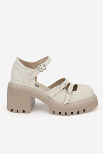 TUNAELLİ WOMEN'S BEIGE GENUINE NATURAL LEATHER BUCKLE THICK HEEL SHOES