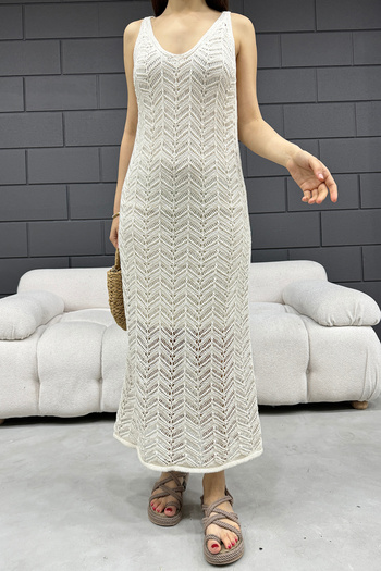 LE CARAMBOLE Women's Cream Lined Openwork Knitwear Dress 2445