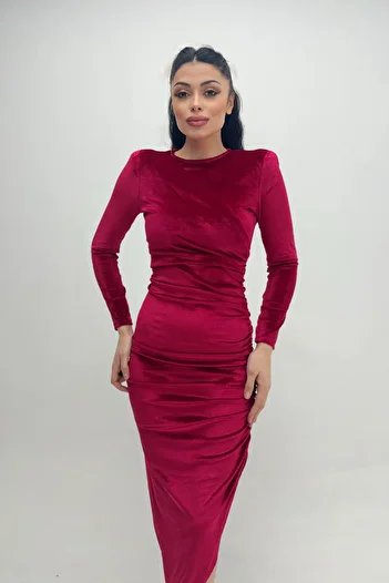 giyimmasalı Rochie De Seara Detaliata Tesatura Catifea - Rosu Claret