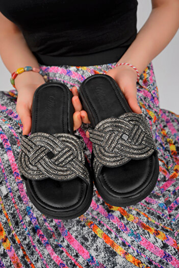 meyra'nın ayakkabıları Women's Black Patterned Glittery Slippers