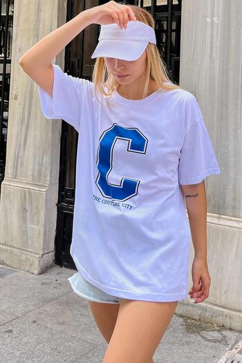 Swist White C Printed Oversize Women's Tshirt